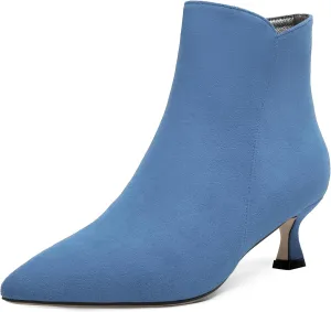 AMBELIGHT Womens Pointed Toe Suede Zip Fashion Solid Dating Kitten Low Heel Ankle High Boots 2 Inch