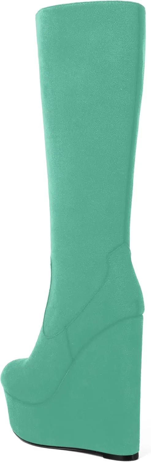 AMBELIGHT Womens Suede Party Platform Knee High Round Toe Zip Fashion Wedge High Heel Mid Calf Boots 6 Inch