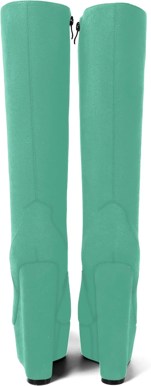 AMBELIGHT Womens Suede Party Platform Knee High Round Toe Zip Fashion Wedge High Heel Mid Calf Boots 6 Inch