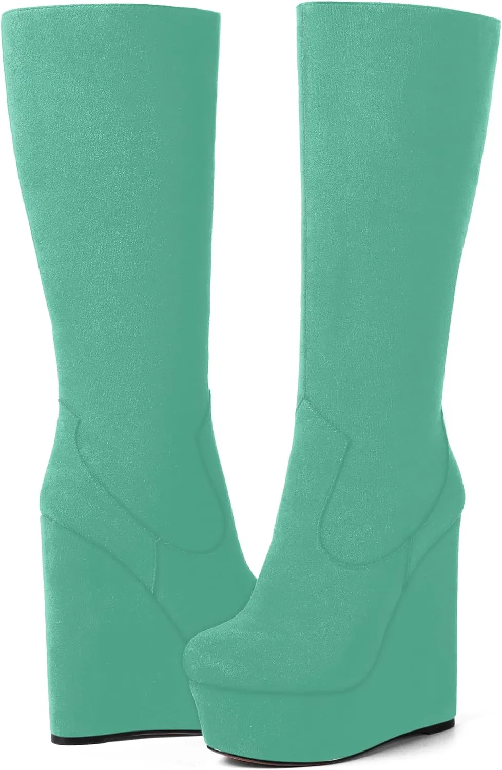 AMBELIGHT Womens Suede Party Platform Knee High Round Toe Zip Fashion Wedge High Heel Mid Calf Boots 6 Inch