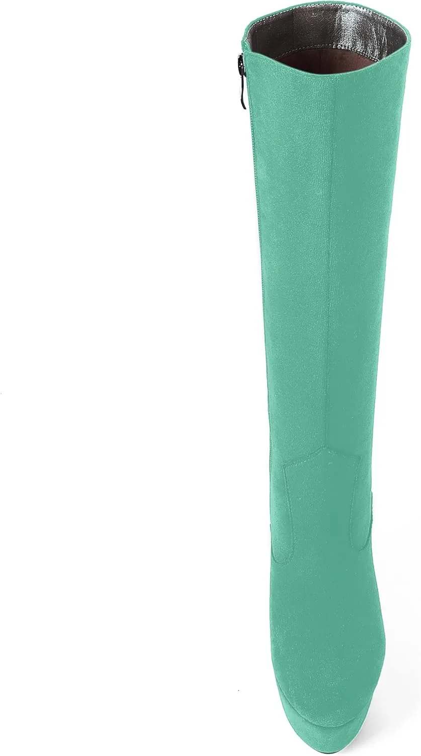 AMBELIGHT Womens Suede Party Platform Knee High Round Toe Zip Fashion Wedge High Heel Mid Calf Boots 6 Inch