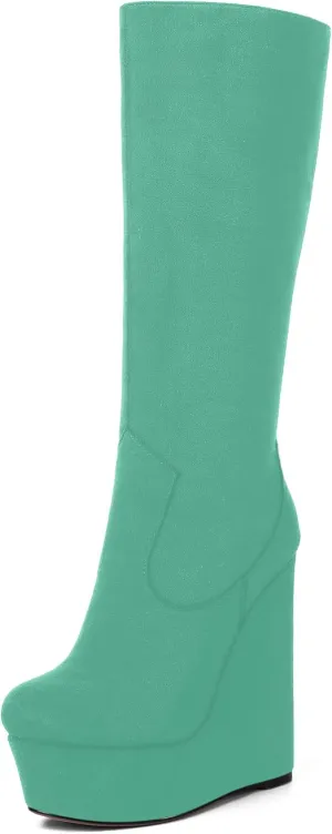 AMBELIGHT Womens Suede Party Platform Knee High Round Toe Zip Fashion Wedge High Heel Mid Calf Boots 6 Inch
