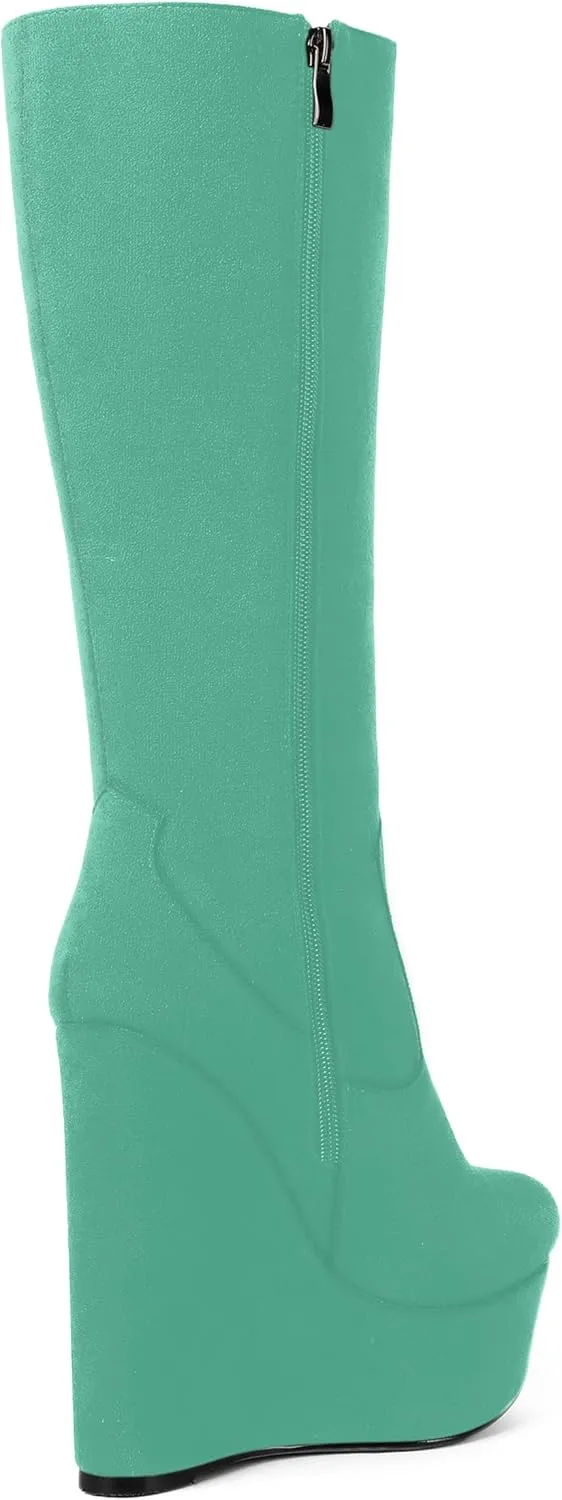 AMBELIGHT Womens Suede Party Platform Knee High Round Toe Zip Fashion Wedge High Heel Mid Calf Boots 6 Inch