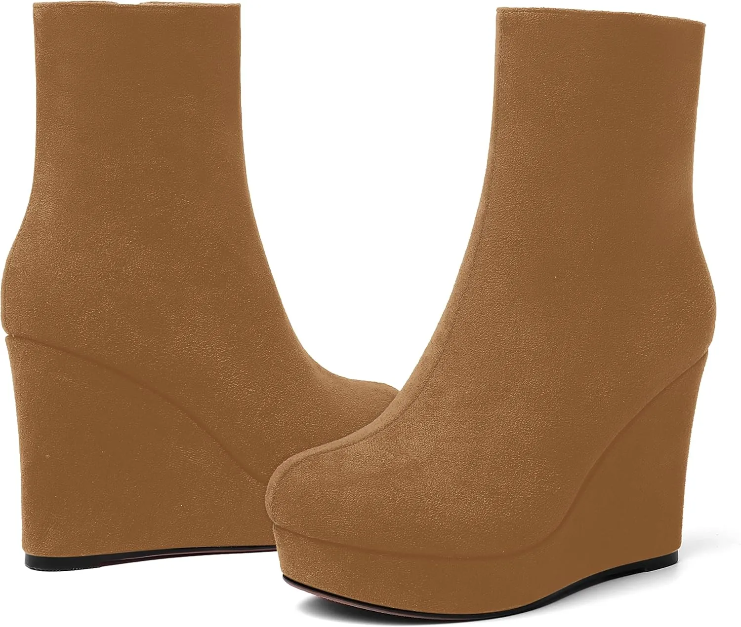 AMBELIGHT Womens Suede Round Toe Wedge Boots Night Club Zip Fashion Platform Wedge High Heel Ankle High Boots 4 Inch