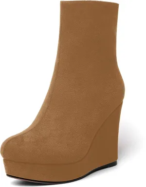 AMBELIGHT Womens Suede Round Toe Wedge Boots Night Club Zip Fashion Platform Wedge High Heel Ankle High Boots 4 Inch