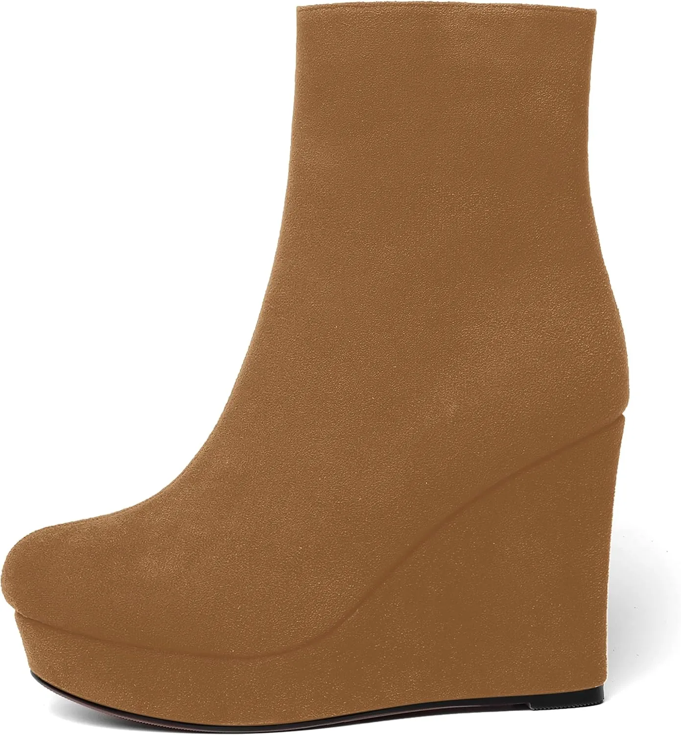 AMBELIGHT Womens Suede Round Toe Wedge Boots Night Club Zip Fashion Platform Wedge High Heel Ankle High Boots 4 Inch