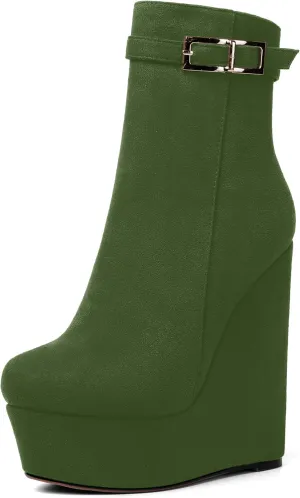 AMBELIGHT Womens Suede Zip Dress Platform Round Toe Solid Wedge High Heel Ankle High Boots 6 Inch