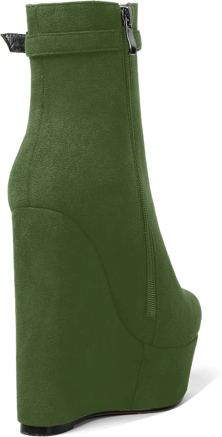 AMBELIGHT Womens Suede Zip Dress Platform Round Toe Solid Wedge High Heel Ankle High Boots 6 Inch