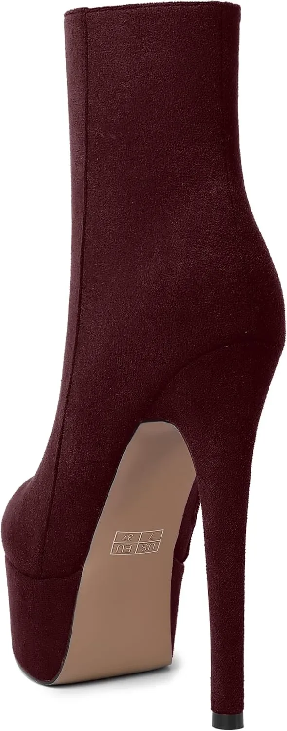 AMBELIGHT Women's Zip Sexy Platform Suede Round Toe Party Solid Stiletto High Heel Ankle High Boots 6 Inch