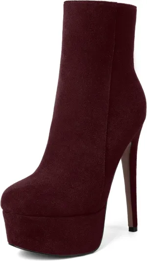 AMBELIGHT Women's Zip Sexy Platform Suede Round Toe Party Solid Stiletto High Heel Ankle High Boots 6 Inch