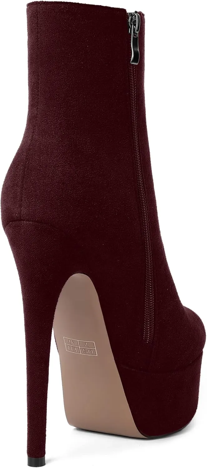 AMBELIGHT Women's Zip Sexy Platform Suede Round Toe Party Solid Stiletto High Heel Ankle High Boots 6 Inch