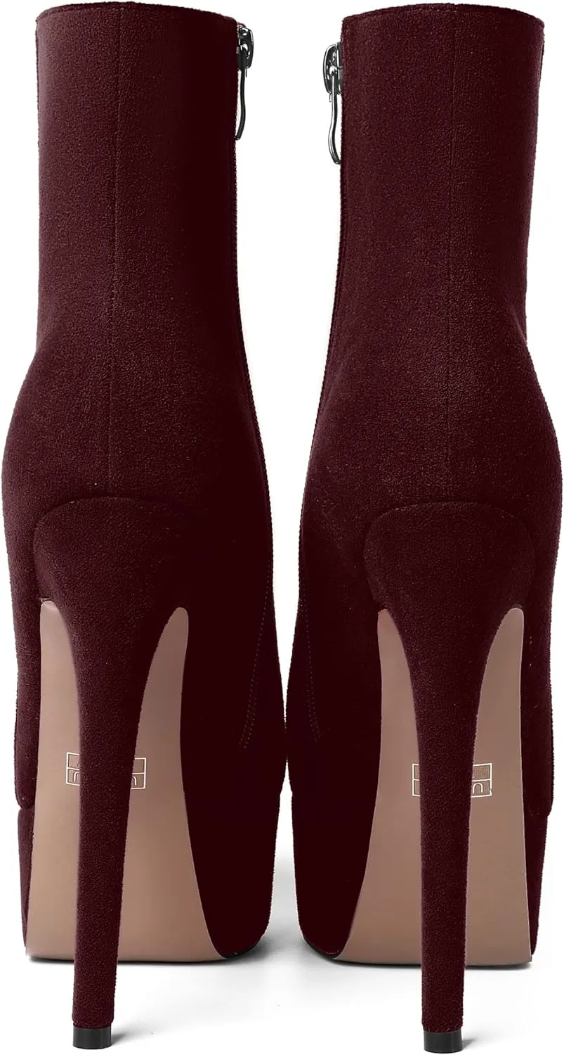 AMBELIGHT Women's Zip Sexy Platform Suede Round Toe Party Solid Stiletto High Heel Ankle High Boots 6 Inch