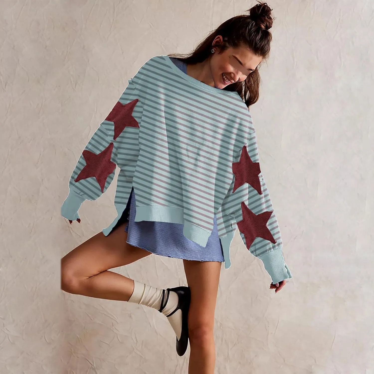 Amiblvowa Y2K Oversized Sweatshirt for Women Cute Star Graphic Long Sleeve Crewneck Sweatshirt Aesthetic Pullover Jackets