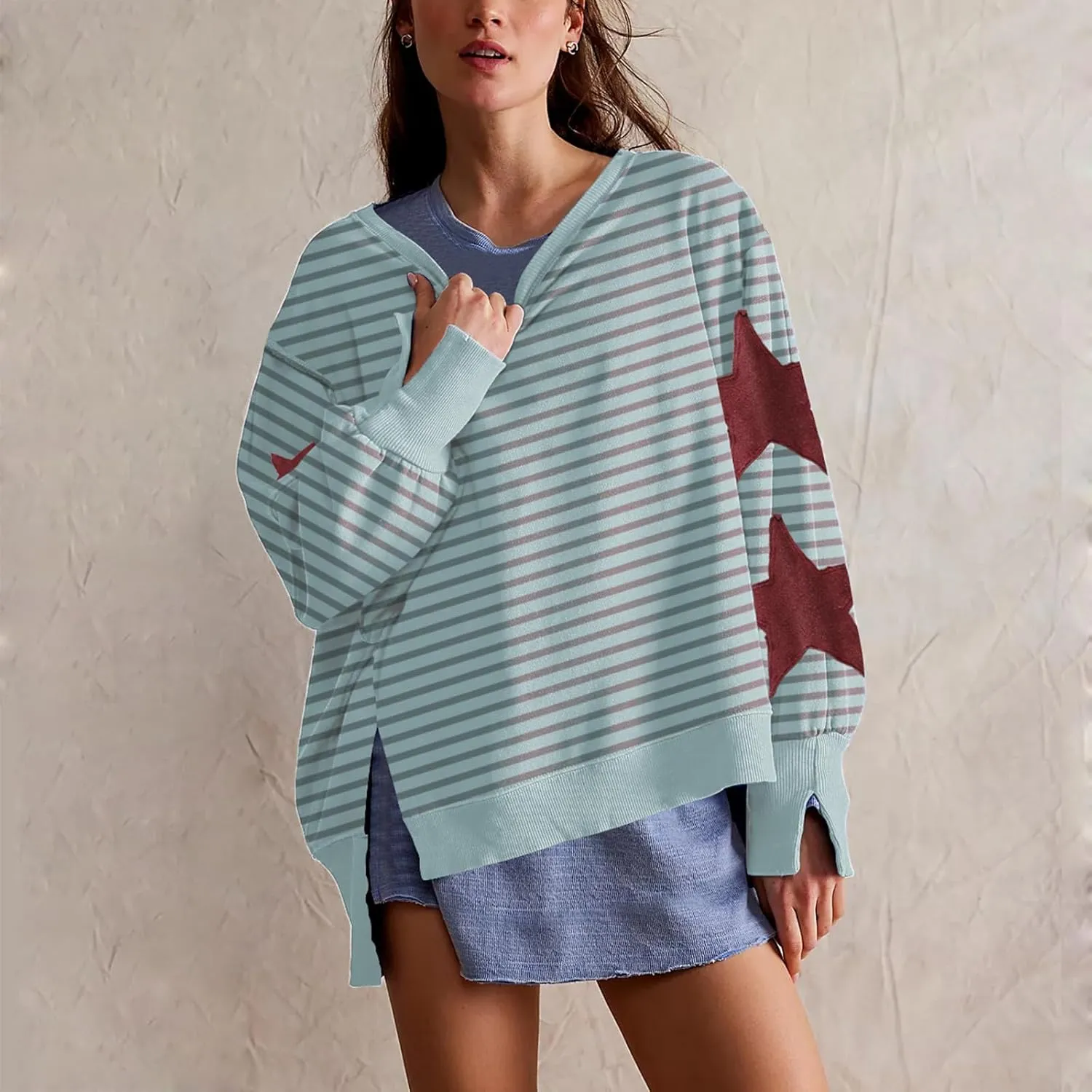 Amiblvowa Y2K Oversized Sweatshirt for Women Cute Star Graphic Long Sleeve Crewneck Sweatshirt Aesthetic Pullover Jackets