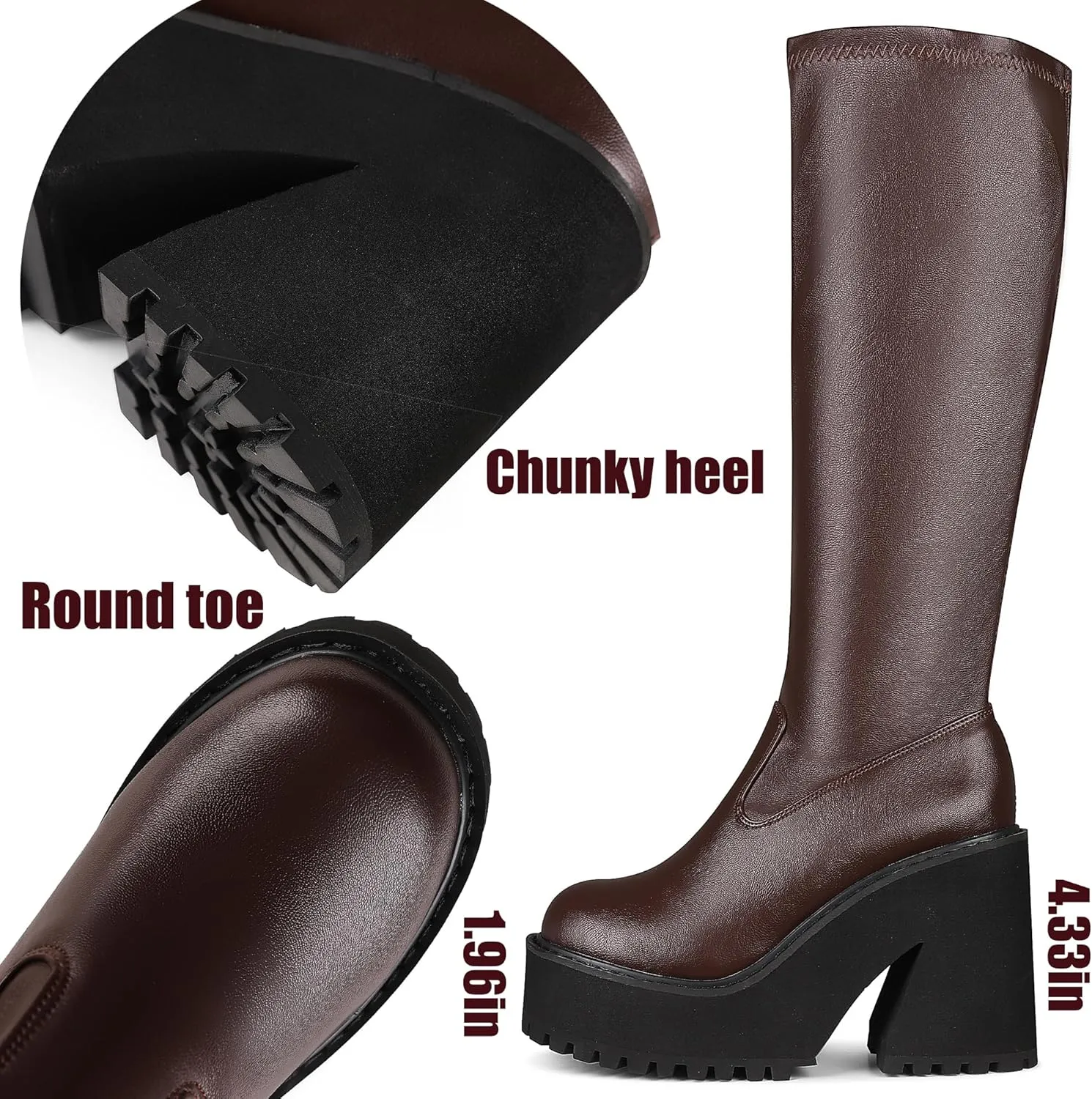 AMINUGAL Womens Elastic Knee High Platform Chunky Block High Heel Sock Boots Zipper Round Toe Fashion Motorcycle Combat Punk Boots For Women