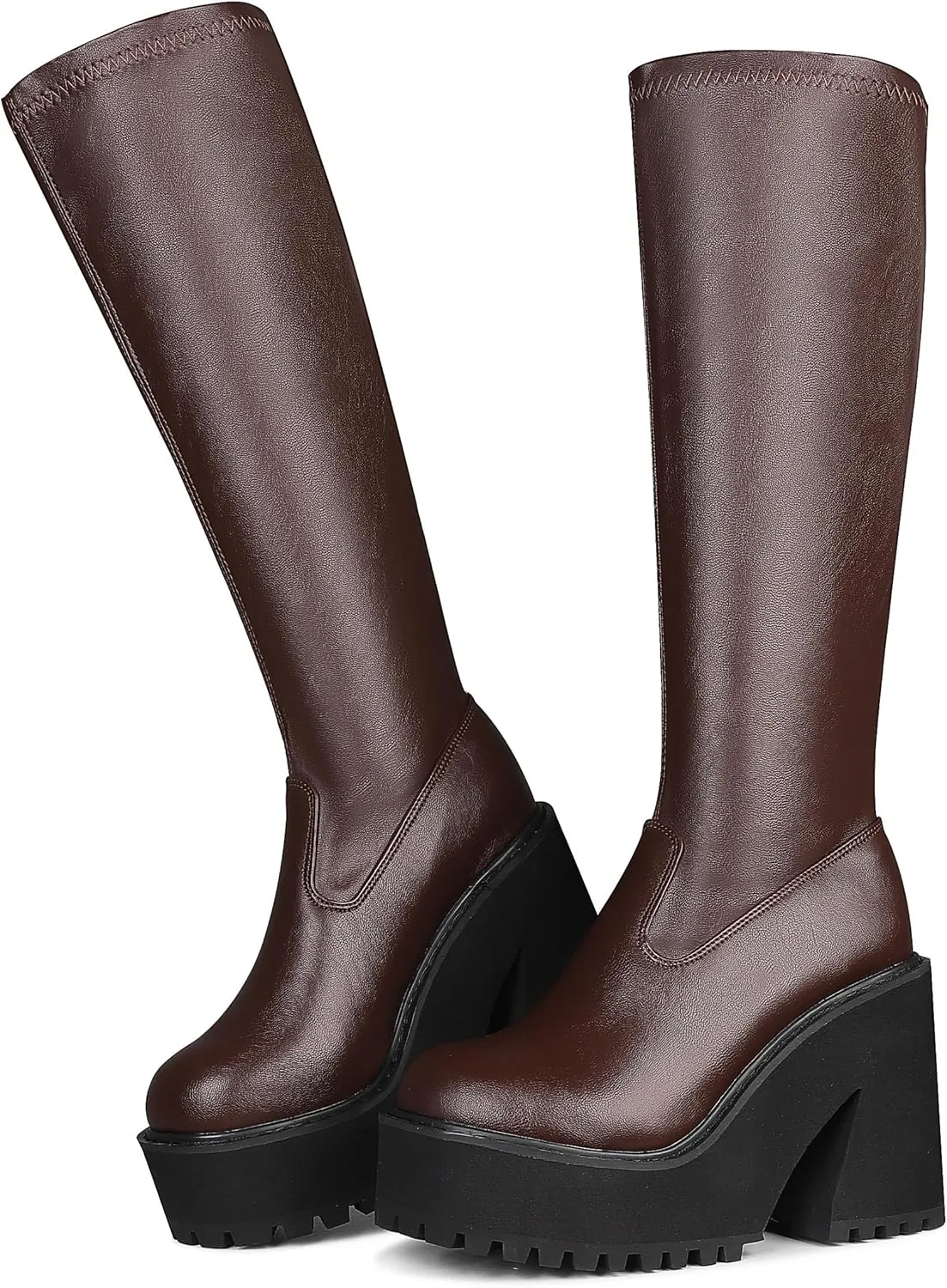 AMINUGAL Womens Elastic Knee High Platform Chunky Block High Heel Sock Boots Zipper Round Toe Fashion Motorcycle Combat Punk Boots For Women