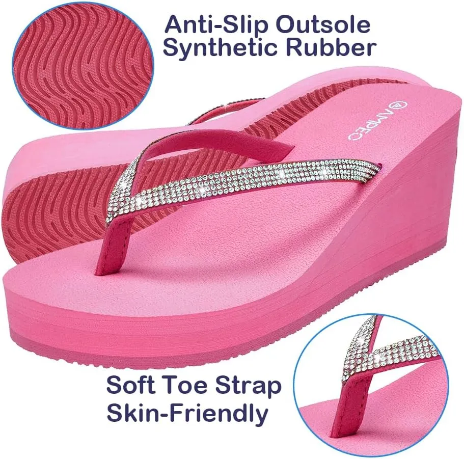Ampeo Women's Wedge Sandals Rhinestone Thong Platform Flip Flops