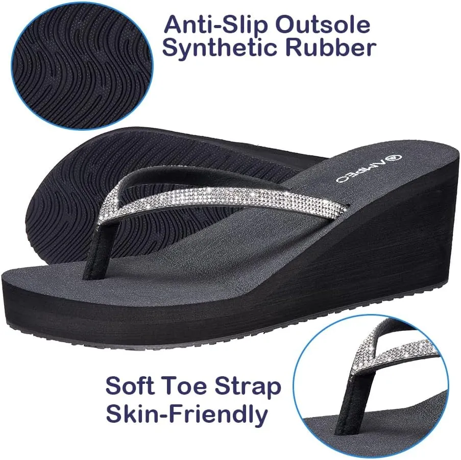 Ampeo Women's Wedge Sandals Rhinestone Thong Platform Flip Flops