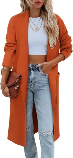 Angerella Women's Casual Long Sleeve Draped Open Front Knit Long Cardigan Sweater Outwear Coats with Pocket