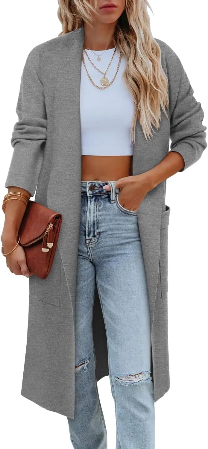 Angerella Women's Casual Long Sleeve Draped Open Front Knit Long Cardigan Sweater Outwear Coats with Pocket