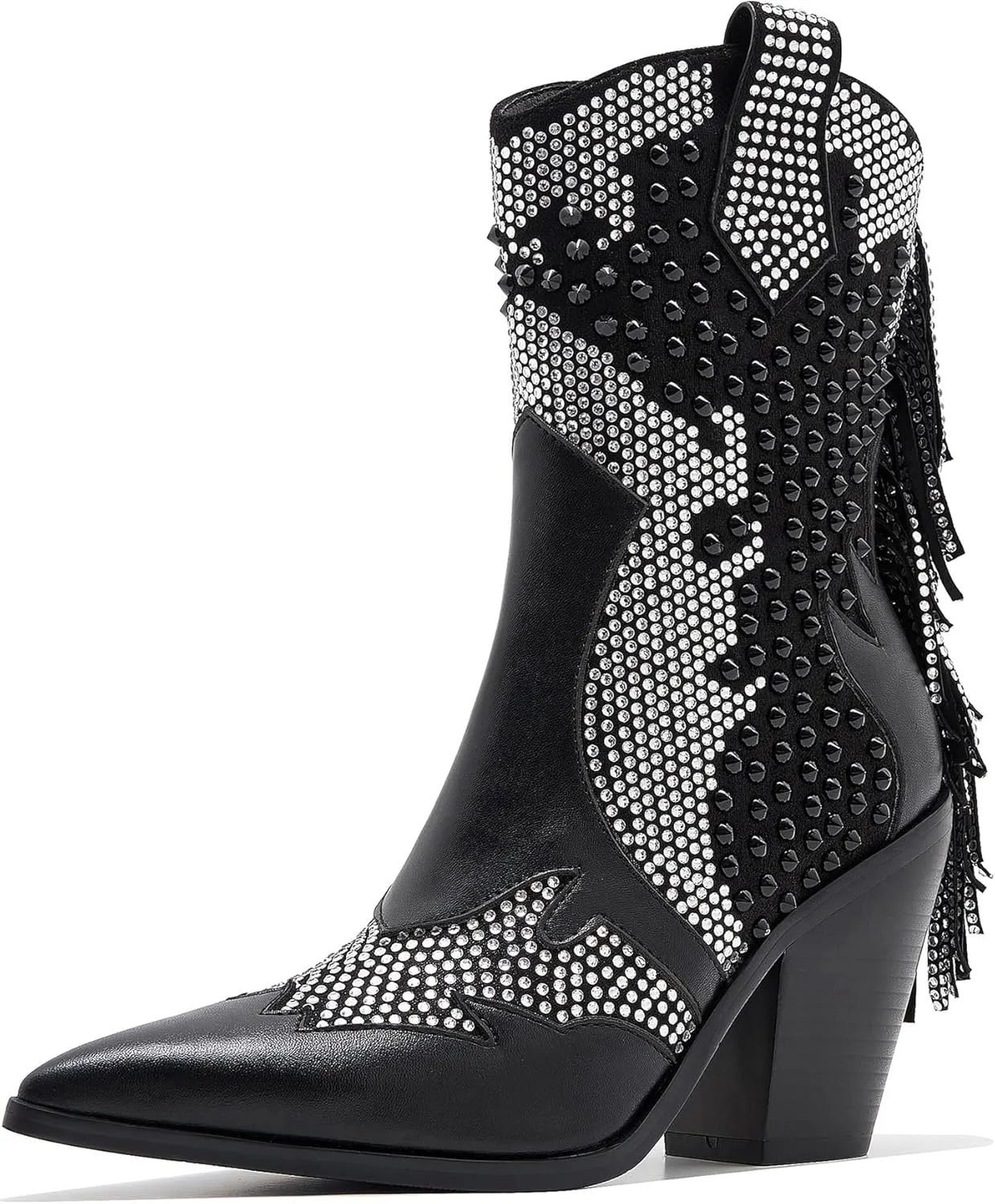 Ankle Boots for Women Chunky Heel Rivet Western Cowboy Boots With Tassel Pointed Toe Rhinestone Boots Womens Cowgirl Booties
