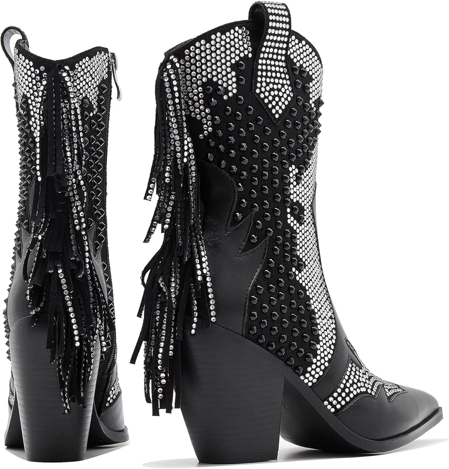 Ankle Boots for Women Chunky Heel Rivet Western Cowboy Boots With Tassel Pointed Toe Rhinestone Boots Womens Cowgirl Booties