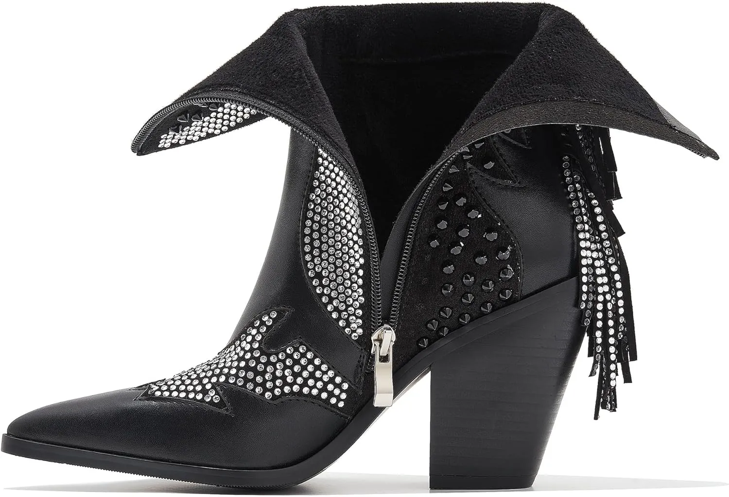 Ankle Boots for Women Chunky Heel Rivet Western Cowboy Boots With Tassel Pointed Toe Rhinestone Boots Womens Cowgirl Booties
