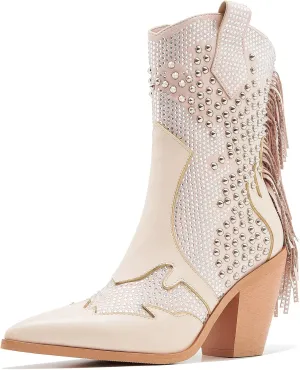 Ankle Boots for Women Chunky Heel Rivet Western Cowboy Boots With Tassel Pointed Toe Rhinestone Boots Womens Cowgirl Booties