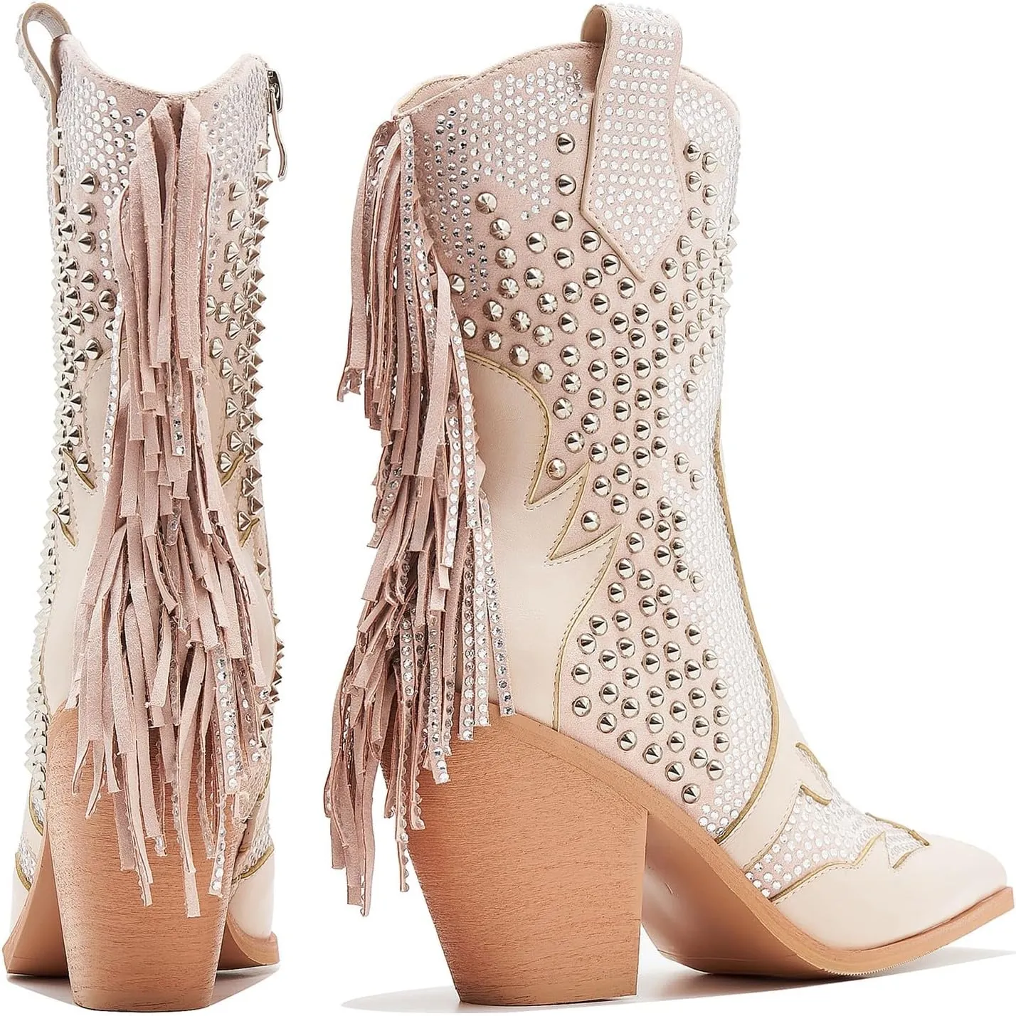 Ankle Boots for Women Chunky Heel Rivet Western Cowboy Boots With Tassel Pointed Toe Rhinestone Boots Womens Cowgirl Booties