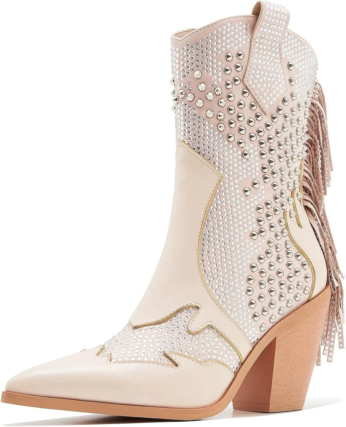 Ankle Boots for Women Chunky Heel Rivet Western Cowboy Boots With Tassel Pointed Toe Rhinestone Boots Womens Cowgirl Booties