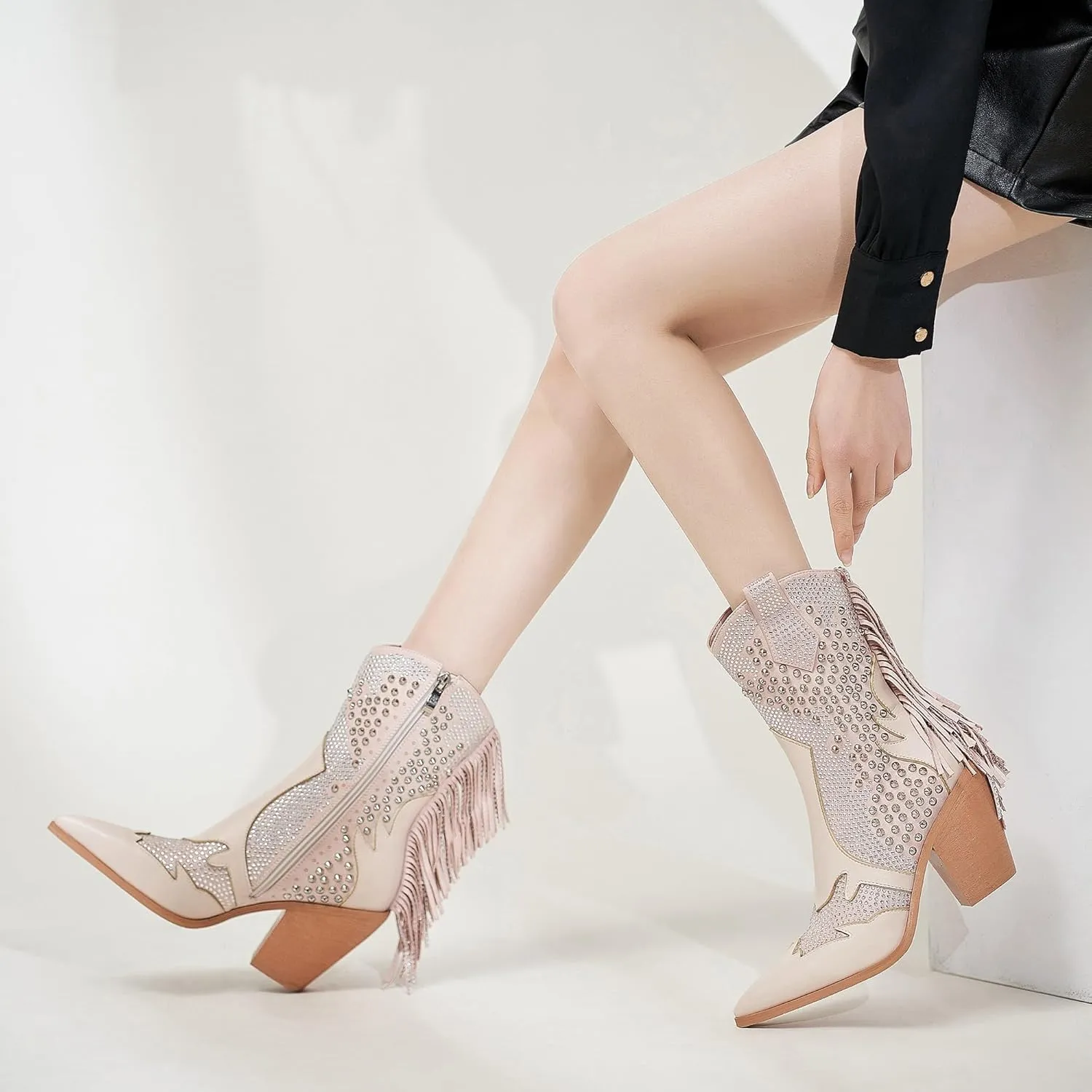 Ankle Boots for Women Chunky Heel Rivet Western Cowboy Boots With Tassel Pointed Toe Rhinestone Boots Womens Cowgirl Booties