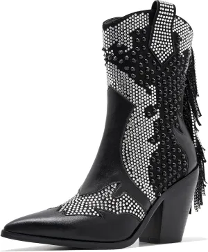 Ankle Boots for Women Chunky Heel Rivet Western Cowboy Boots With Tassel Pointed Toe Rhinestone Boots Womens Cowgirl Booties