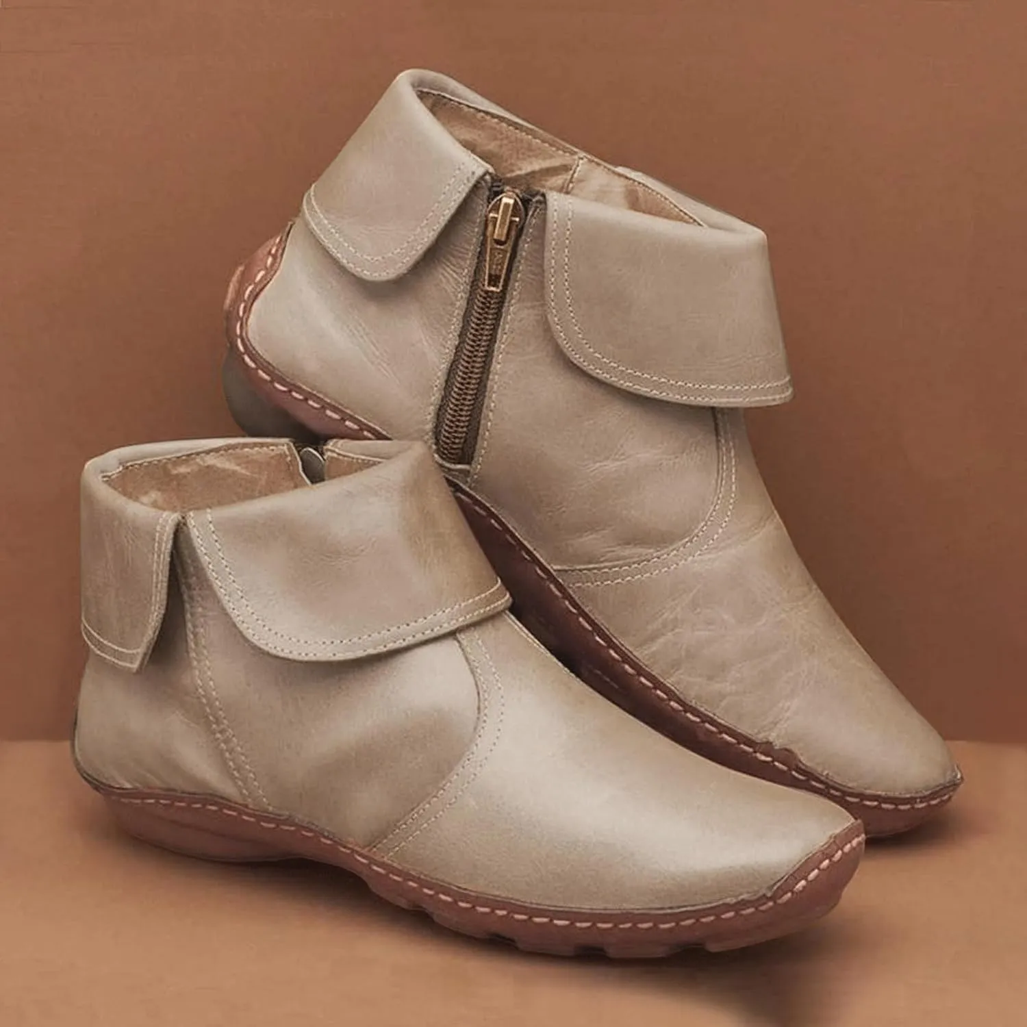 Ankle Boots for Women Flat Heel Round Toe Booties Fashion Side Zip Vintage Boots Low Heel Arch Support Booties