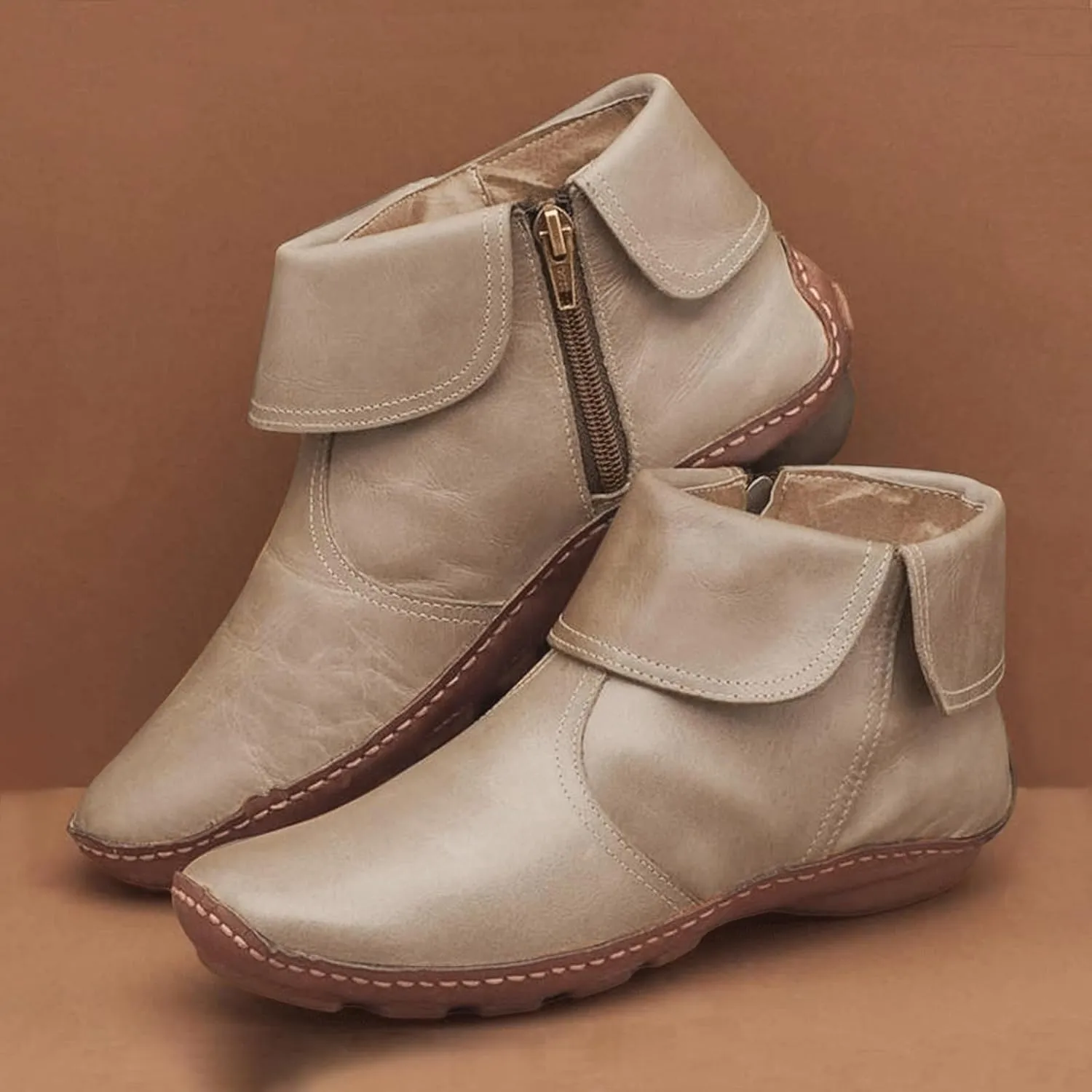 Ankle Boots for Women Flat Heel Round Toe Booties Fashion Side Zip Vintage Boots Low Heel Arch Support Booties
