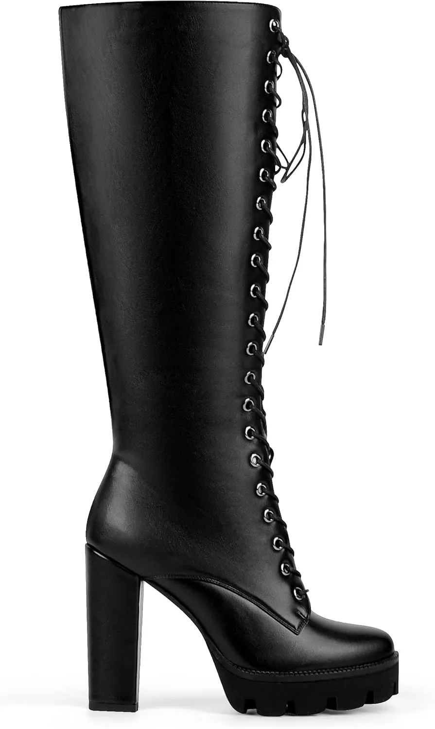 ANN CREEK Women's Black Lace Up Knee High Platform Boots Lug Sole High Chunky Heel Boots