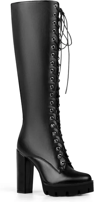ANN CREEK Women's Black Lace Up Knee High Platform Boots Lug Sole High Chunky Heel Boots