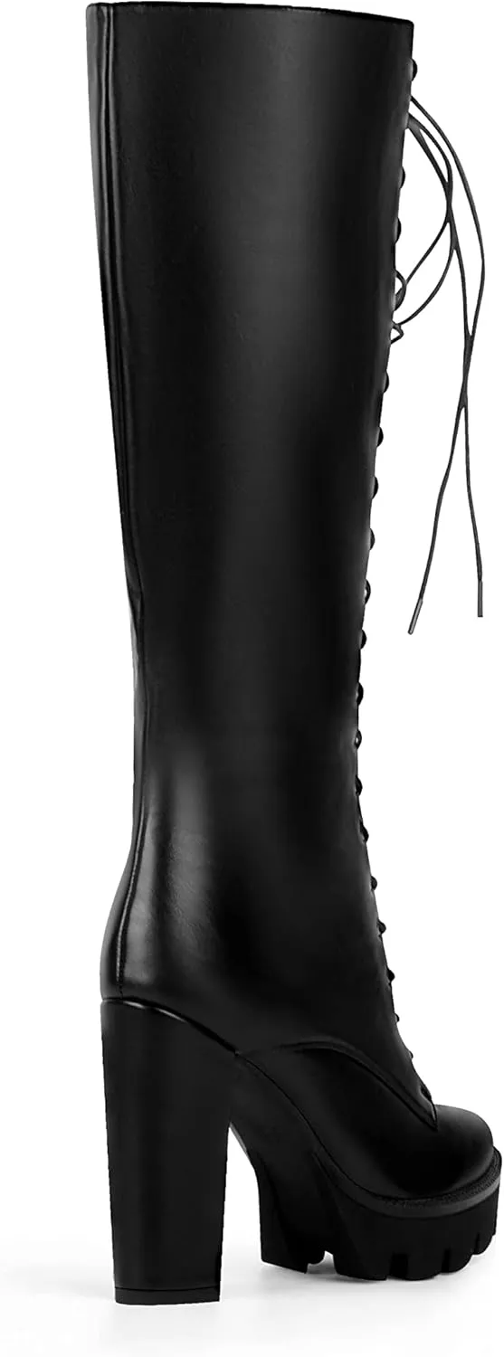 ANN CREEK Women's Black Lace Up Knee High Platform Boots Lug Sole High Chunky Heel Boots