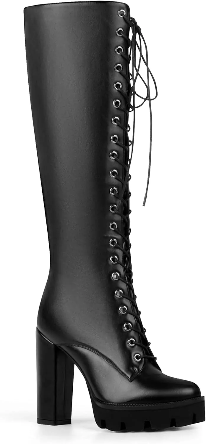 ANN CREEK Women's Black Lace Up Knee High Platform Boots Lug Sole High Chunky Heel Boots