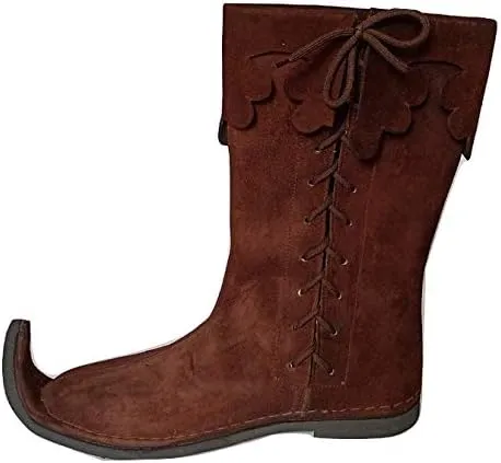 AnNafi Medieval Brown Leather Boots | Men's Knee High Side Lace Boots | Renaissance & Viking Cosplay Boots | Size 12.5
