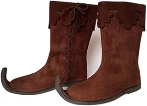 AnNafi Medieval Brown Leather Boots | Men's Knee High Side Lace Boots | Renaissance & Viking Cosplay Boots | Size 12.5
