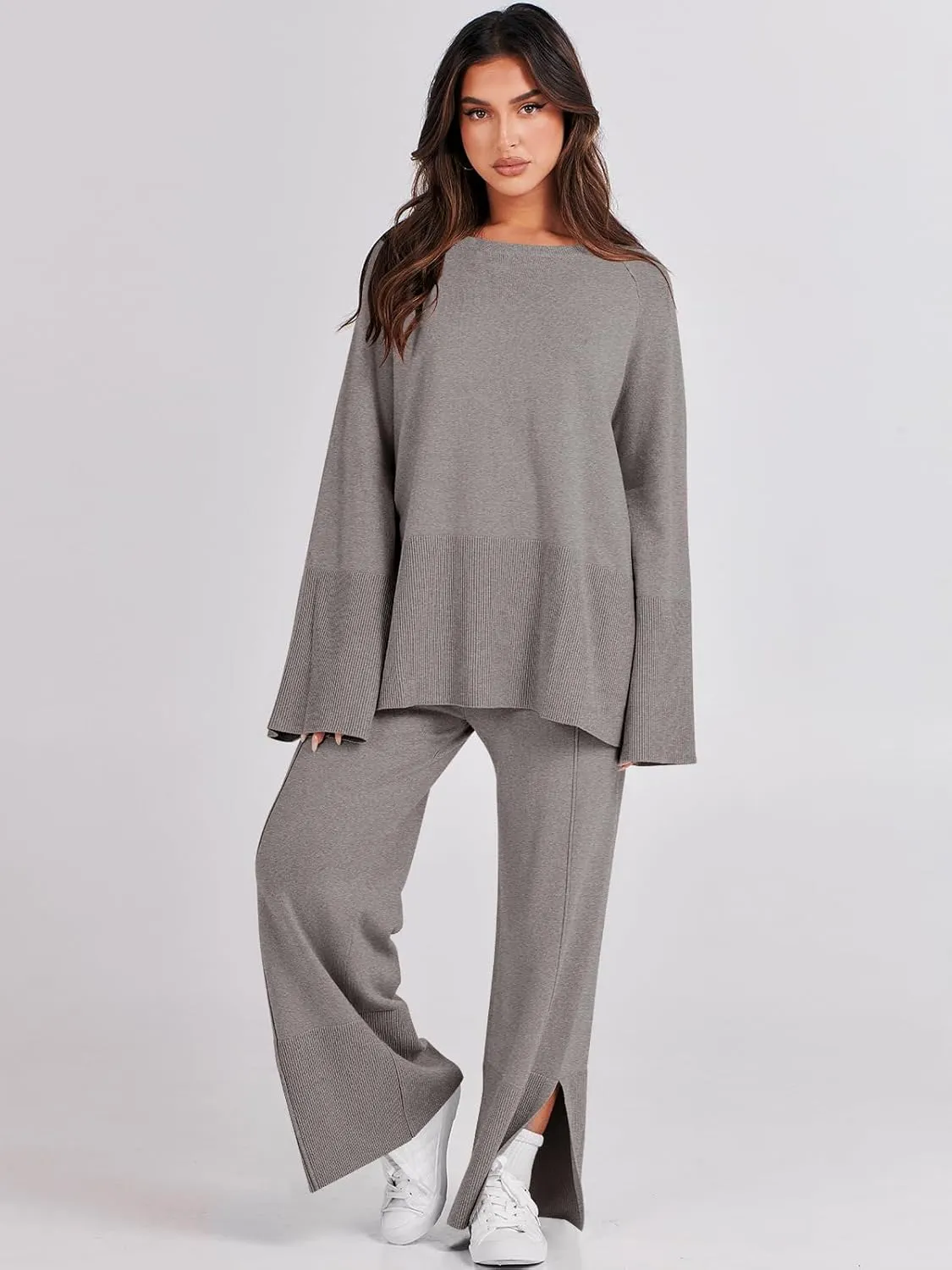 ANRABESS Womens 2 Piece Outfits Oversized Knit Sweater Set Wide Leg Pant Cozy Lounge Matching Pajama Sets 2024 Trendy Clothes