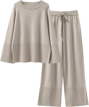 ANRABESS Womens 2 Piece Outfits Oversized Knit Sweater Set Wide Leg Pant Cozy Lounge Matching Pajama Sets 2024 Trendy Clothes