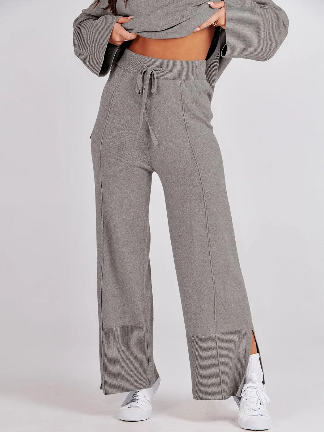 ANRABESS Womens 2 Piece Outfits Oversized Knit Sweater Set Wide Leg Pant Cozy Lounge Matching Pajama Sets 2024 Trendy Clothes