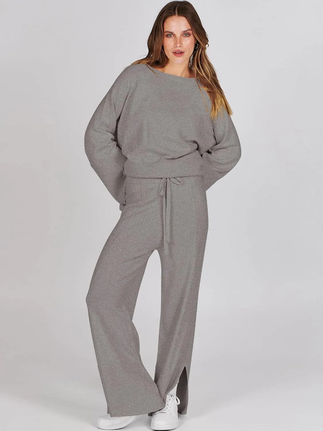 ANRABESS Womens 2 Piece Outfits Oversized Knit Sweater Set Wide Leg Pant Cozy Lounge Matching Pajama Sets 2024 Trendy Clothes