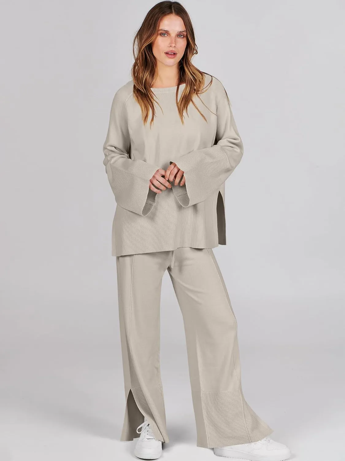 ANRABESS Womens 2 Piece Outfits Oversized Knit Sweater Set Wide Leg Pant Cozy Lounge Matching Pajama Sets 2024 Trendy Clothes