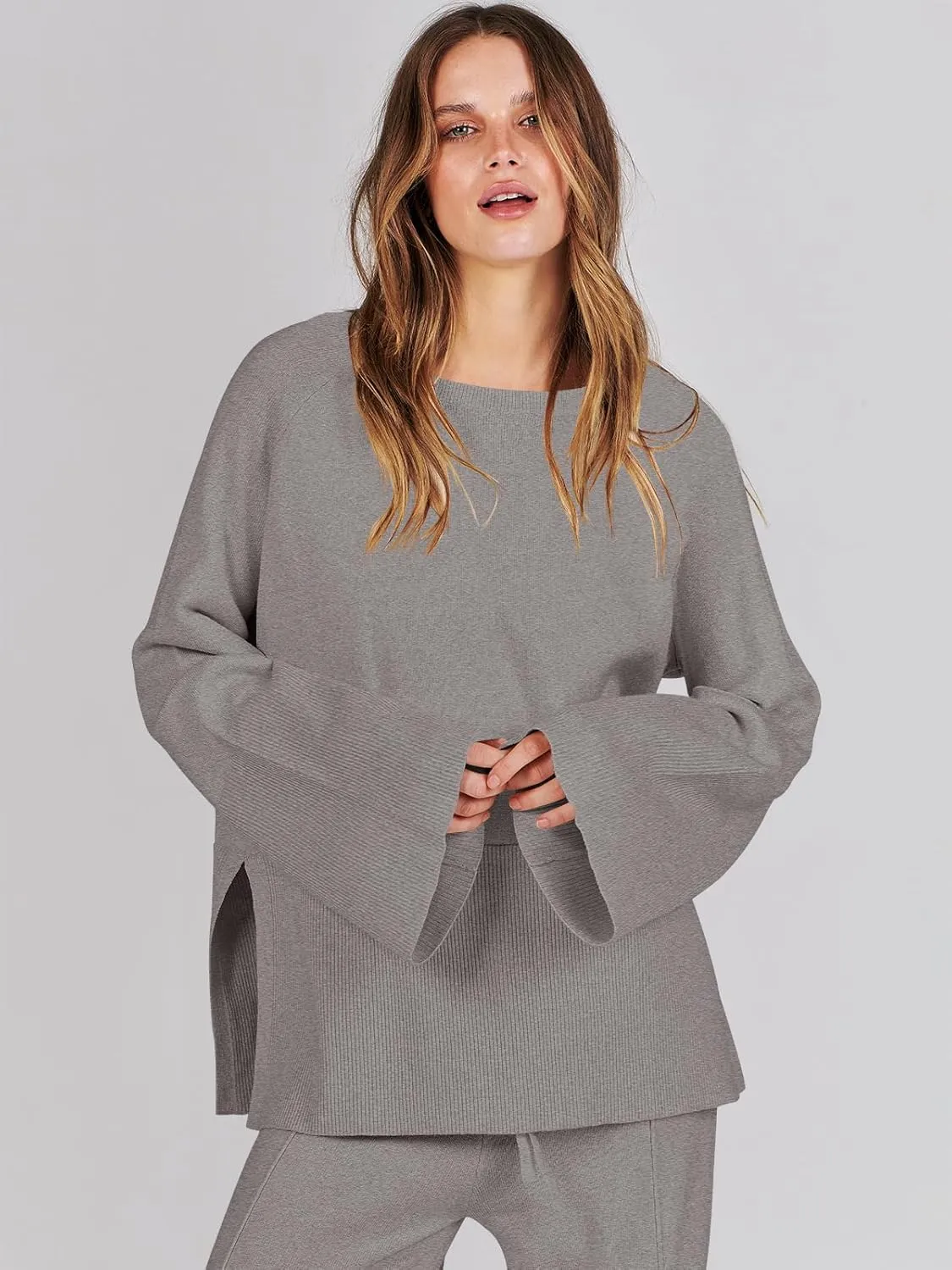 ANRABESS Womens 2 Piece Outfits Oversized Knit Sweater Set Wide Leg Pant Cozy Lounge Matching Pajama Sets 2024 Trendy Clothes