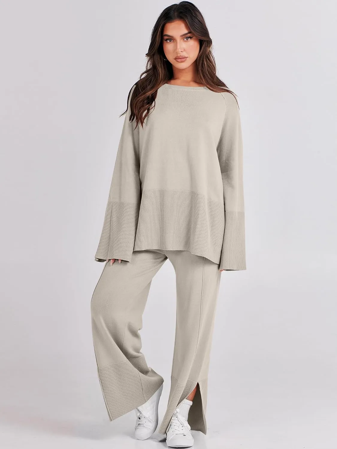 ANRABESS Womens 2 Piece Outfits Oversized Knit Sweater Set Wide Leg Pant Cozy Lounge Matching Pajama Sets 2024 Trendy Clothes