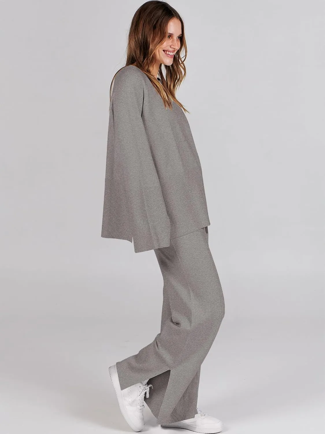 ANRABESS Womens 2 Piece Outfits Oversized Knit Sweater Set Wide Leg Pant Cozy Lounge Matching Pajama Sets 2024 Trendy Clothes