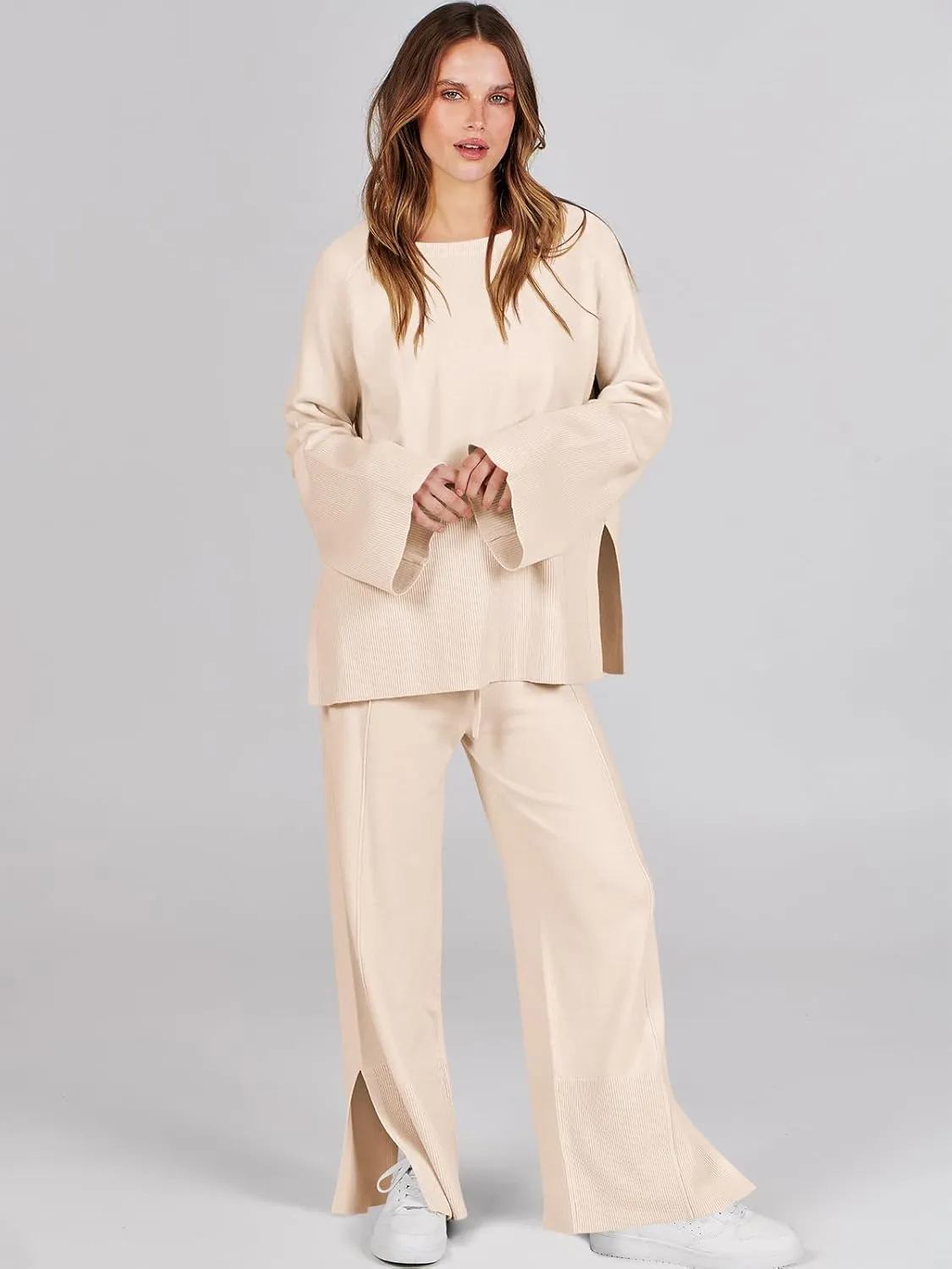 ANRABESS Womens 2 Piece Outfits Oversized Knit Sweater Set Wide Leg Pant Cozy Lounge Matching Pajama Sets 2024 Trendy Clothes