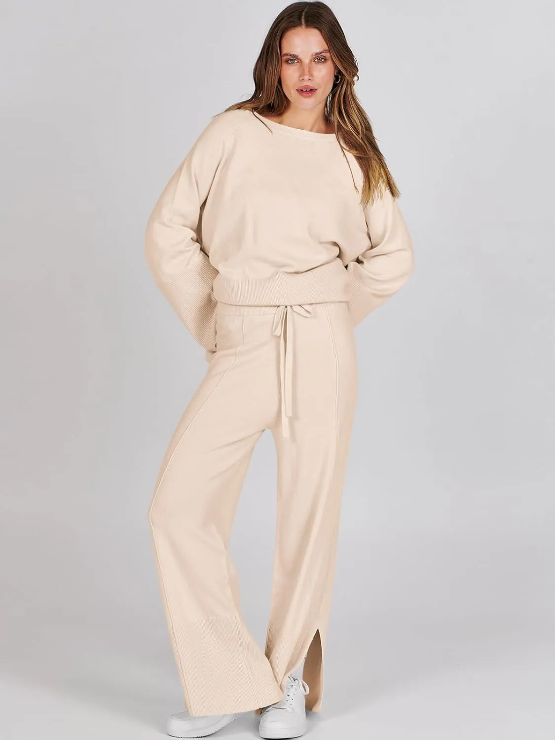 ANRABESS Womens 2 Piece Outfits Oversized Knit Sweater Set Wide Leg Pant Cozy Lounge Matching Pajama Sets 2024 Trendy Clothes